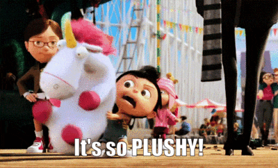 Animation showing excitement about plush transformation - 'It's so fluffy!'