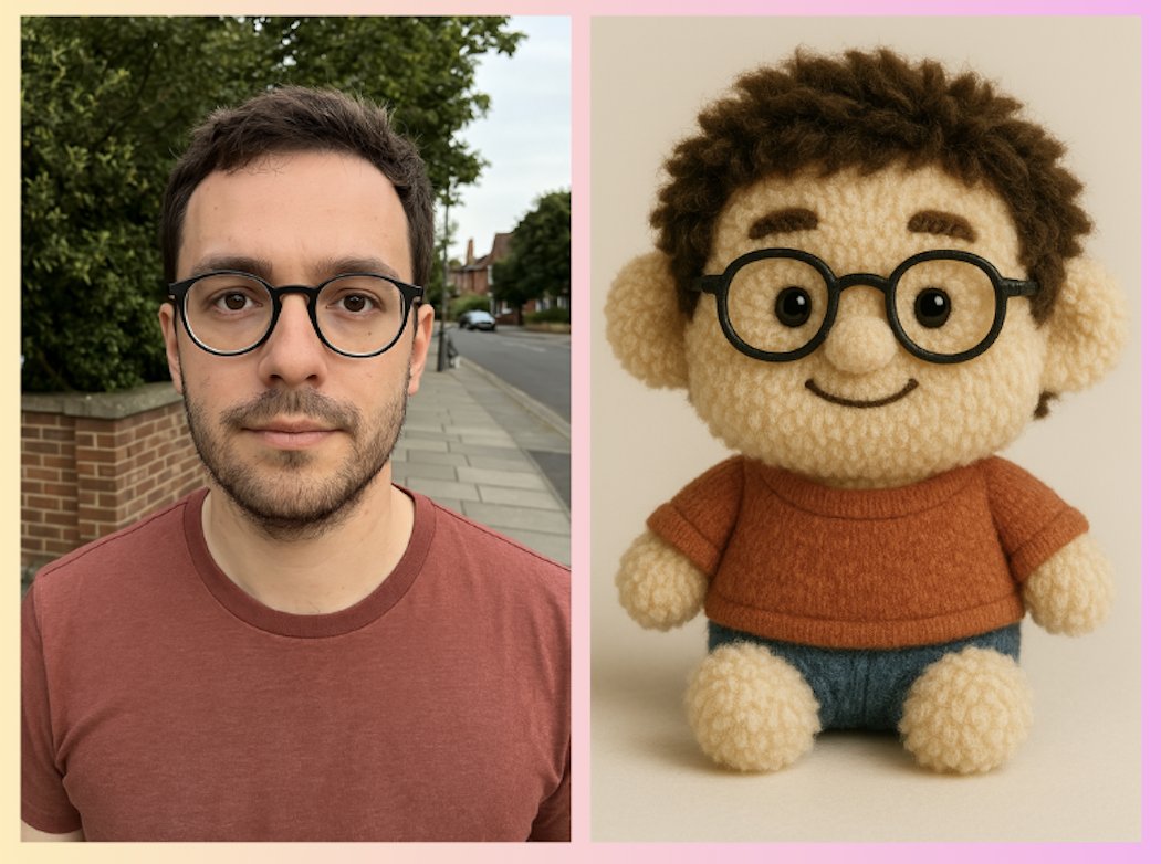 Before and after photo transformation showing a person transformed into plushy art - Plushy.app example