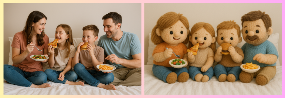 Family photo transformed into cute plushy style - everyone looks like soft toys