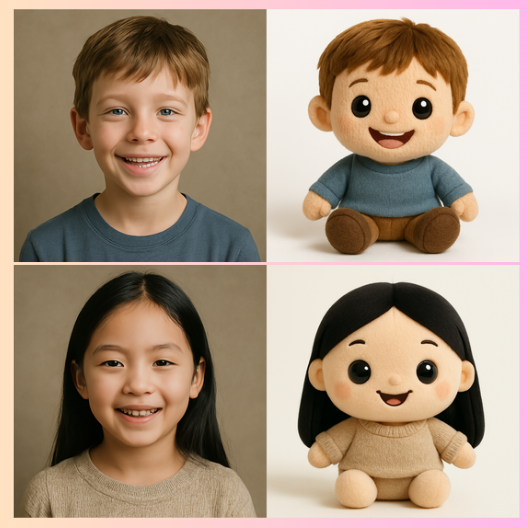 Child's photo transformed into plushy style - kid looking like an adorable plush toy